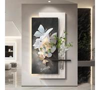 Décoration murale 3D en grès avec éclairage LED - Sculpture murale moderne en relief papillon et fleur avec étagère flottante et vase en verre - Pour entrée, couloir et salon(Black B,70*140cm)