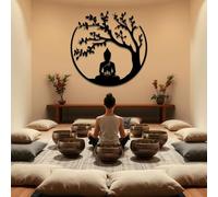Décoration Murale 3D en métal représentant l'arbre de Vie et Bouddha, Art et méditation Zen pour Le Salon, la Chambre ou la Salle de Yoga (Noir, 47 x 46 cm)