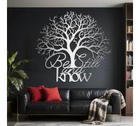 Décoration Murale 3D en métal représentant l'arbre de Vie. Inspirée du Verset du Psaume 46:10, Cette œuvre d'art est idéale pour Le Salon, la Chambre ou Le Bureau (Argent, 90 x 84