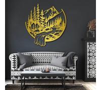 Décoration Murale 3D en métal représentant l'arbre de Vie, Une rivière et des Montagnes, idéale pour Le Salon ou la Chambre (Or, 100 x 96 cm).