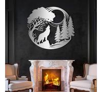 Décoration Murale 3D en métal représentant Un Arbre de Vie, avec Un Loup Hurlant et la Lune. Idéale pour Le Salon ou la Chambre (Argent, 80 x 70 cm).
