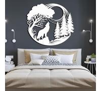 Décoration Murale 3D en métal représentant Un Arbre de Vie, avec Un Loup Hurlant et la Lune. Idéale pour Le Salon ou la Chambre (Blanc, 80 x 70 cm).