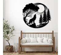 Décoration Murale 3D en métal représentant Un Arbre de Vie, avec Un Loup Hurlant et la Lune. Idéale pour Le Salon ou la Chambre (Noir, 80 x 70 cm).