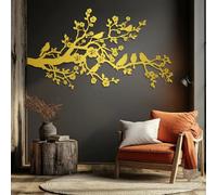 Décoration Murale 3D en métal représentant Un Arbre de Vie et des Oiseaux sur Une Branche de Cerisier en Fleurs (Or, 135 x 74 cm).