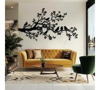 Décoration Murale 3D en métal représentant Un Arbre de Vie et des Oiseaux sur Une Branche de Cerisier en Fleurs (Noir, 105 x 57 cm).