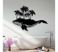 Décoration Murale 3D en métal représentant Un Arbre de Vie et Une Baleine avec Palmier. Style Marin Tropical, à Suspendre, pour Salle de Bain, Salon ou Chambre (Noir, 60 x 44 cm).