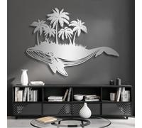 Décoration Murale 3D en métal représentant Un Arbre de Vie et Une Baleine avec Un Palmier. À Suspendre. Style Marin Tropical. Idéale pour Salle de Bain, Salon ou Chambre (Argent, 1