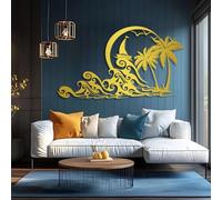 Décoration Murale 3D en métal représentant Un Arbre de Vie, Style Tropical, Palmier et Vagues océaniques, idéale pour la Chambre, la Salle de Bain ou Le Salon (Or, 135 x 76 cm)