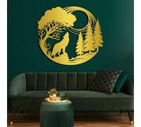 Décoration Murale 3D en métal représentant Un Arbre de Vie, Un Loup et des pins. Décoration Murale Suspendue avec Un Loup Hurlant et la Lune. Idéale pour Le Salon ou la Chambre (Or
