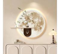 Décoration Murale 3D Lumineuse À LED, Tableau Mural En Grès Avec Vase En Verre Et Plante Verte Artificielle, Applique Murale Moderne Et Épurée En Forme De Lune Pour Salon(C,73 * 60cm)