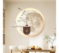 Décoration Murale 3D Lumineuse À LED, Tableau Mural En Grès Avec Vase En Verre Et Plante Verte Artificielle, Applique Murale Moderne Et Épurée En Forme De Lune Pour Salon(A,73 * 60cm)