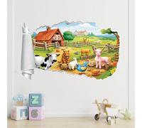 Décoration Murale 3D, Maison Des Vaches Et Des Poules Autocollants D'Affiches Brisé Tatouage, Paysage Printanier De La Ferme Décorations De Décalcomanies En Imperméables Pour La Maison, La Pépinière