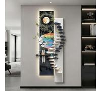 Décoration murale 3D rectangulaire avec éclairage LED, Sculpture murale avec vase et plante artificielle, Peinture suspendue en grès pour salon, entrée, salle à manger(Black B,44x120cm/17.3x47.2in)