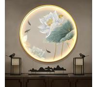 Décoration Murale 3D, Sculptures Murales Suspendues Avec Lumière LED, Peinture Murale Traditionnelle Chinoise, Lampe Décorative Ronde Pour Salon, Entrée, Bureau(A,80cm)