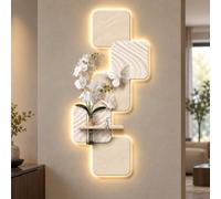 Décoration Murale 3D, Tableau LED Télécommandé avec Vase, Relief Texturé | Sculpture lumineuse à panneaux décalés, papillons en relief et tablette décorative pour le salon et l’entrée
