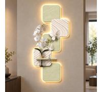 Décoration Murale 3D, Tableau LED Télécommandé avec Vase, Relief Texturé | Sculpture lumineuse à panneaux décalés, papillons en relief et tablette décorative pour le salon et l’entrée
