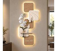 Décoration Murale 3D, Tableau LED Télécommandé avec Vase, Relief Texturé | Sculpture lumineuse à panneaux décalés, papillons en relief et tablette décorative pour le salon et l’entrée