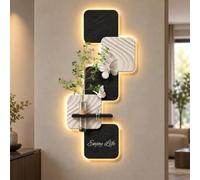 Décoration Murale 3D, Tableau LED Télécommandé avec Vase, Relief Texturé | Sculpture lumineuse à panneaux décalés, papillons en relief et tablette décorative pour le salon et l’entrée