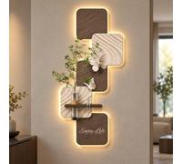 Décoration Murale 3D, Tableau LED Télécommandé avec Vase, Relief Texturé | Sculpture lumineuse à panneaux décalés, papillons en relief et tablette décorative pour le salon et l’entrée