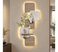 Décoration Murale 3D, Tableau LED Télécommandé avec Vase, Relief Texturé | Sculpture lumineuse à panneaux décalés, papillons en relief et tablette décorative pour le salon et l’entrée