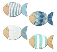 Décoration murale 4 poissons bleu pastel, style bord de mer, MDF effet bois. Déco marine coastal pour sal - Poisson À Rayures Bleues