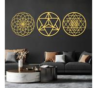 Décoration Murale Abstraite Minimaliste de Luxe en métal, Ensemble de 3 éléments de géométrie sacrée - Sri Yantra, Merkaba, Torus, Mandala - Méditation spirituelle à Domicile, Cadeau de Pendaison de