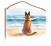 Décoration murale amusante en bois pour salle de bain avec chien qui regarde les vagues sur la plage (15 x 28 cm)