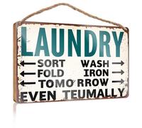 Décoration murale amusante pour salle de bain avec inscription « Laundry », « Sort, Wash, Fold, Iron », « Tomorrow » - Panneau en bois pour décoration de bureau (15 x 28 cm)