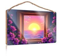 Décoration murale amusante pour salle de bain, coucher de soleil, sérénité à travers la fenêtre, panneau en bois pour homme, grotte, décoration de bureau (20 x 30 cm)
