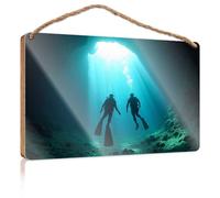 Décoration murale amusante pour salle de bain - Deux plongeurs explorant une grotte sous-marine - Panneau en bois pour homme - Décoration de bureau (23 x 35 cm)