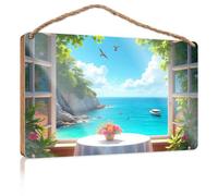 Décoration murale amusante pour salle de bain - Vue sur la mer depuis la fenêtre - Panneau en bois pour décoration de bureau (20 x 30 cm)
