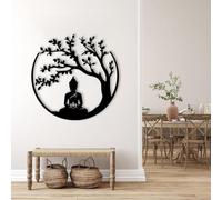 Décoration murale arbre de vie et Bouddha en métal - Art mural arbre de vie en métal - Décoration murale hindoue de méditation - Art zen, décoration murale de studio de yoga (noir, 90 x 90 cm)