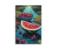 Décoration murale artistique moderne à suspendre Motif pastèque et framboises au bord de la rivière 50 x 75 cm