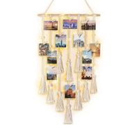 Décoration murale bohème en macramé avec éclairage présentoir photo suspendu avec 20 pinces en bois couleur ivoire.
