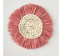 Décoration murale bohème tissée à la main, tentures murales rondes colorées en paille avec pompons - Décoration murale de style marocain for canapé, décoration d'intérieur rustique(Pink,Diameter 18cm)