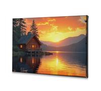 Décoration murale Cabane en bois au bord du lac au coucher du soleil - Tableau décoratif sur toile rustique - Kit de suspension (40 x 60 cm)