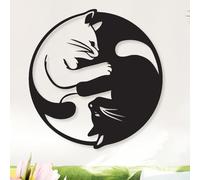 Décoration murale chat yin yang en métal noir - Art mural rond, deux chats entrelacés - Style industriel minimaliste pour salon ou chambre, déco intérieure contemporaine - 60x63 CM