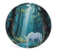Décoration murale circulaire en fer avec licorne dans la forêt antique - 30 cm - Décoration murale vintage en métal pour maison, bar, salle de bain
