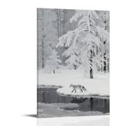 Décoration murale contemporaine à suspendre avec un renard argenté sur le lac gelé, sa queue balayant des cristaux de glace, avec une forêt de rime sur la rive opposée - Décoration murale 60 x 90 cm