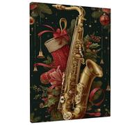 Décoration murale de Noël, saxophone doré, vert, rouge, affiche de musique vintage pour salon, chambre à coucher, bureau, toile enveloppée 20,3 x 30,5 cm