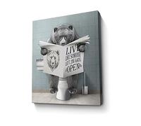 Décoration murale de salle de bain ours noir - Peinture amusante d'ours assis dans les toilettes lisant un journal - Œuvre d'art moderne encadrée pour décoration de salle de bain - 30,5 x 40,6 cm