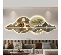 Décoration Murale de Salon avec Lumière LED，Grande Sculpture Murale Moderne de Paysage de Pin Accueillant，œuvre d'art de Décoration Intérieure Peintures Suspendues Lampe de Décoration