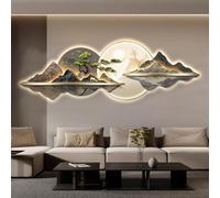 Décoration Murale de Salon avec Lumière LED，Grande Sculpture Murale Moderne de Paysage de Pin Accueillant，œuvre d'art de Décoration Intérieure Peintures Suspendues Lampe de Décoration