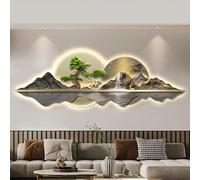 Décoration Murale de Salon avec Lumière LED，Grande Sculpture Murale Moderne de Paysage de Pin Accueillant，œuvre d'art de Décoration Intérieure Peintures Suspendues Lampe de Décoration