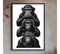 Décoration murale des Trois Singes de la Sagesse, Poster « Ne rien voir, ne rien entendre, ne rien dire », Illustration noir et blanc, Décoration animalière imprimable (30 x 45 cm/Cadre intérieur)