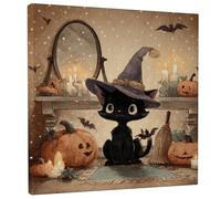 Décoration murale d'Halloween en forme de chat et citrouille orange/marron, poster de chat sorcière mignon pour salon, chambre à coucher, décoration d'intérieur, 30,5 x 30,5 cm