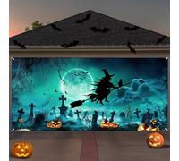 Décoration murale d'Halloween pour porte de garage - 2,1 x 4,8 m - Grande toile de fond de sorcière, citrouille, tête de mort et chat noir pour maison, fête, extérieur, cour, vacances (noir 1, L)