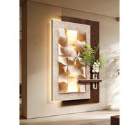 Décoration Murale en Grès Art Mural Texturé Géométrique Carré Grand, Mural en Grès 3D avec Lumière LED et Décor de Vase, Sculptural pour Couloir et Entrée(Brown 2,70x140cm/27.6x55.1in)