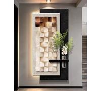 Décoration Murale en Grès Art Mural Texturé Géométrique Carré Grand, Mural en Grès 3D avec Lumière LED et Décor de Vase, Sculptural pour Couloir et Entrée(Black 2,70x140cm/27.6x55.1in)