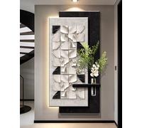 Décoration Murale en Grès Art Mural Texturé Géométrique Carré Grand, Mural en Grès 3D avec Lumière LED et Décor de Vase, Sculptural pour Couloir et Entrée(Black 1,60x120cm/23.6x47.2in)